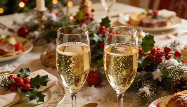 Festive sparkling champagne flutes on holiday table with holly, pinecones, candlelight