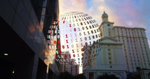 Hovering translucent binary sphere over urban skyline at dusk reflective futuristic orb