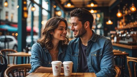 Lovers savoring coffee in cozy urban cafe ambiance