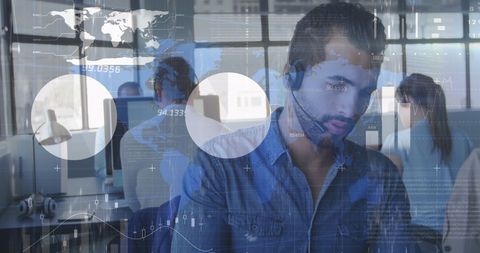 Man Engaged in Global Business Communication with Digital Interface