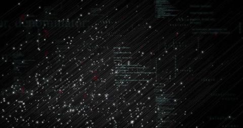 Pulsing digital particle field with diagonal light streaks and teal code overlay