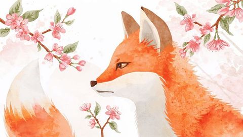 Elegant fox with cherry blossoms watercolor art