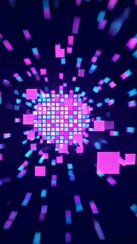 Pulsing Neon Grid Sending Floating Squares Through Navy Void — Vertical Abstract Motion Video