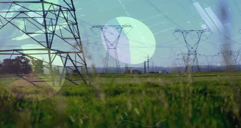 Electricity Pylons with Digital Data Overlay in Open Landscape