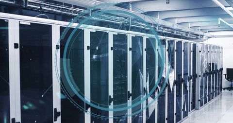 Modern Data Center Aisle Featuring White-Framed Server Racks with Network Overlay