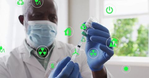 Doctor Preparing COVID-19 Vaccine with Digital Eco-Friendly Icons