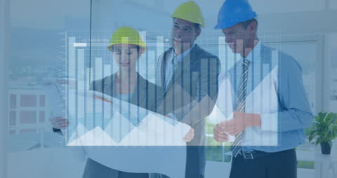 Diverse Engineers Analyzing Blueprint with Overlaid Graphs