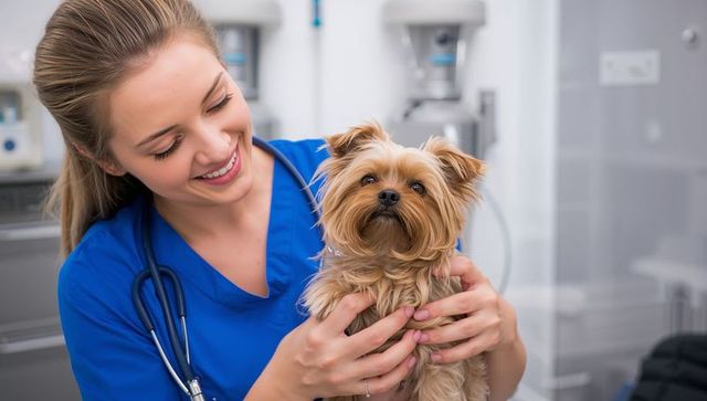 Veterinarian Holding Yorkshire Terrier at Clinic