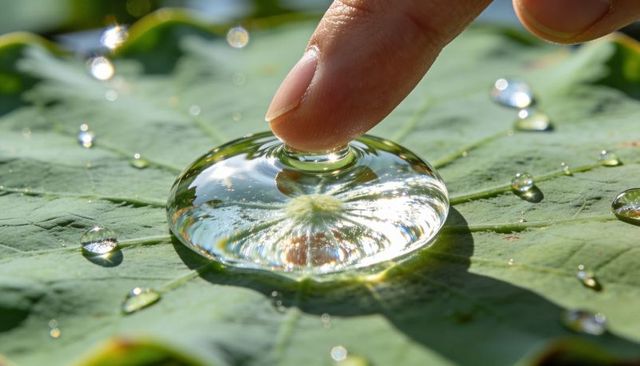 Fingertip touching dew bead on lotus leaf macro showing water reflection and refraction