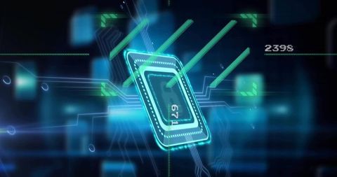 Pulsing microchip emitting neon cyan traces and green arrows in futuristic HUD network