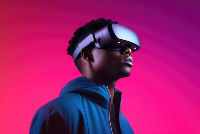Young man wearing virtual reality headset against bright pink gradient background. Perfect for tech blogs, articles on VR advancements, and marketing materials for VR and AR products.