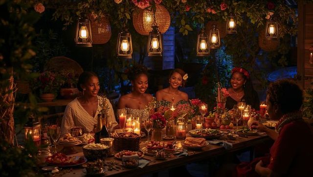 Friends enjoying candlelit outdoor dinner under lanterns and floral canopy