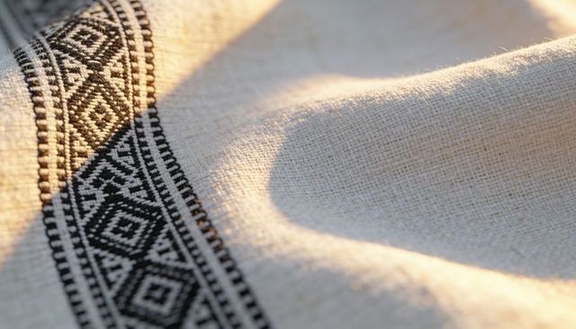 Handwoven beige linen featuring black geometric embroidered stripe, closeup texture