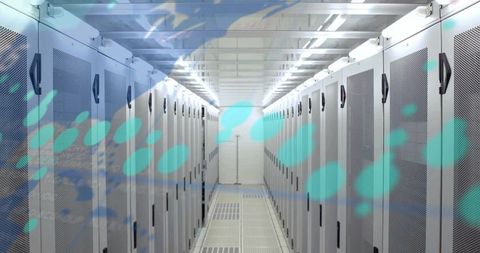 Futuristic Data Center Aisle Featuring Parallel Server Racks and Turquoise Digital Overlay