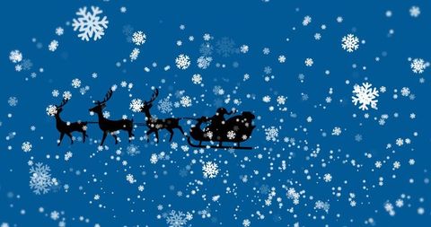 Silhouette of Santa Claus on Sleigh with Reindeer and Snowflakes