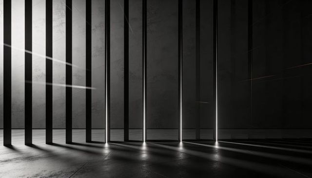 Casting Vertical Light Shafts Across Concrete Hall Creating Dramatic Shadows and Geometry