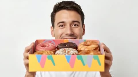 Cheerful Man Presenting Box of Assorted Colorful Donuts