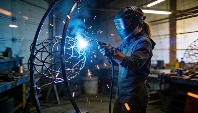 Female welder creating spherical steel sculpture with arc welding sparks in workshop