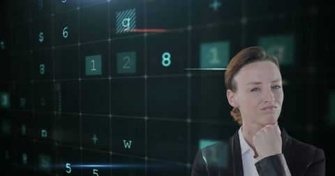 Businesswoman analyzing digital numbers and strategy