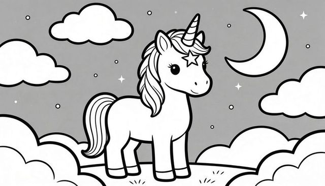 Cute cartoon unicorn standing on grassy hill gazing at crescent moon with clouds night scene