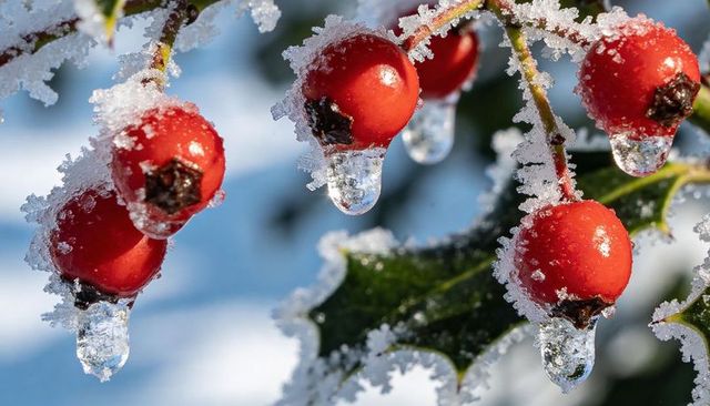 Holly berries glistening with ice crystals and icicles on frosty evergreen branch