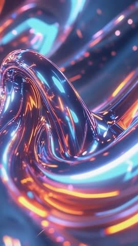 Futuristic liquid-metal swirl pulsing and morphing with neon blue and orange lights