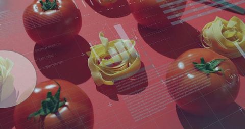 Tomatoes and tagliatelle nests casting glossy highlights on red flatlay with data overlay