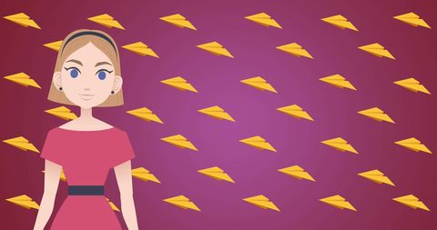 Woman speaking with illustration of yellow paper planes in background