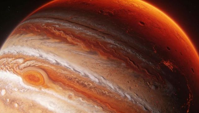 Orbiting gas giant showing orange-red cloud bands and oval storm vortex
