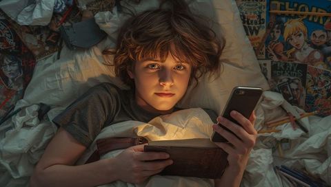 Child reading at night with smartphone under cozy duvet