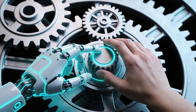 Human and robotic hand aligning central gear knob in futuristic industrial gearbox with cyan glow