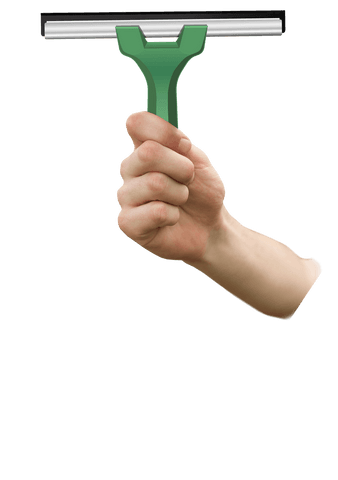 Caucasian hand holding green squeegee on transparent background