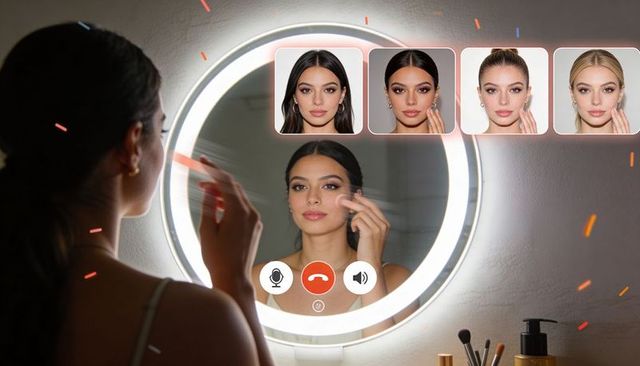 Woman applying makeup at led vanity mirror during live video call with beauty filters