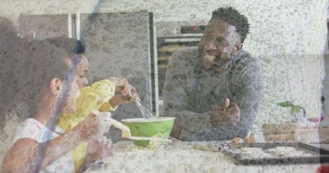 Father and Children Enjoying Baking Activity in Modern Kitchen