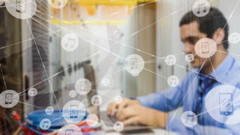 Businessman Using Laptop with Digital Connectivity Overlay