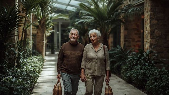 Senior couple strolling through indoor garden atrium carrying leather travel bags