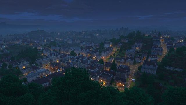 Voxel nightscape: glowing hillside town with winding streets and warm window light