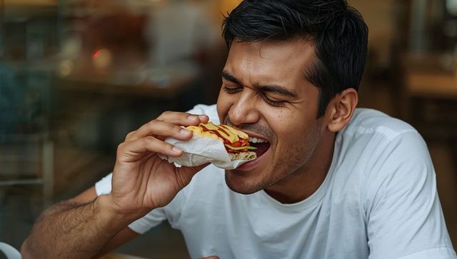 Young south asian man enjoying juicy sandwich with ketchup in casual café closeup bite