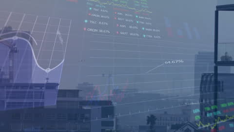Digital Graph and Trading Board Overlay on Urban Cityscape