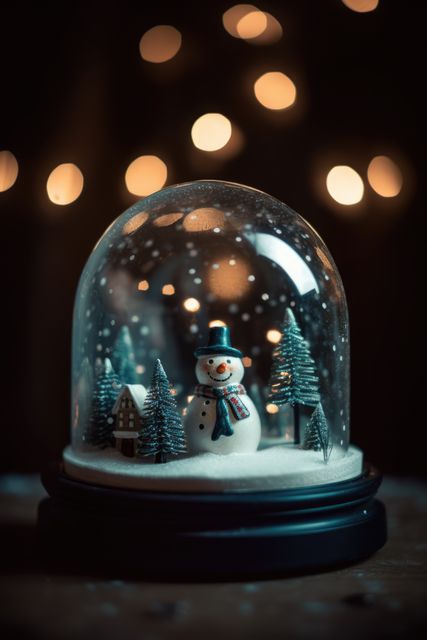 Christmas snow globe featuring a cheerful snowman wearing a hat and scarf with miniature snow-covered trees and houses inside dome under warm lights bokeh. Ideal for holiday-themed advertisements, festive greeting cards, seasonal promotions, and winter decorations.