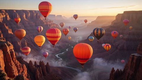 Multiple Hot Air Balloons Floating Over Scenic Canyon at Sunrise