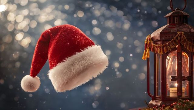 Floating Santa Hat with Lantern and Bokeh Lights Candlelit Holiday Still Life