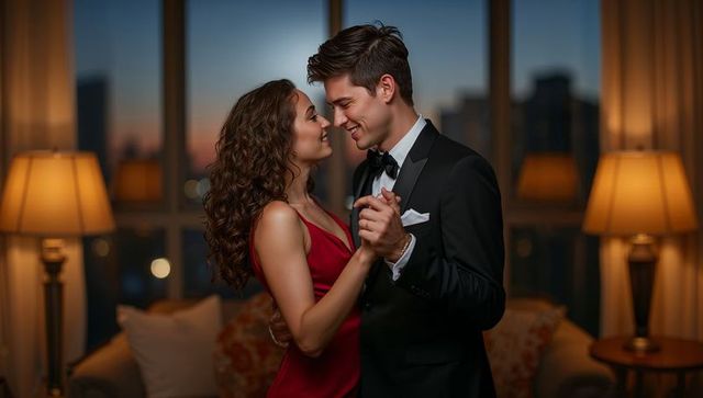 Dancing couple embracing in luxury hotel suite at sunset wearing red dress and black tuxedo