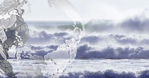 Crashing ocean waves overlaying translucent globe map, misty horizon and surf energy