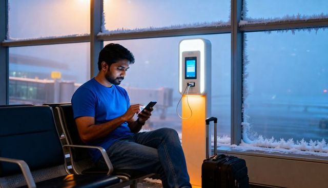 Traveler charging smartphone at frosted airport gate with rolling luggage and winter view