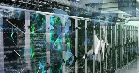 Futuristic holographic displays in data center aisle