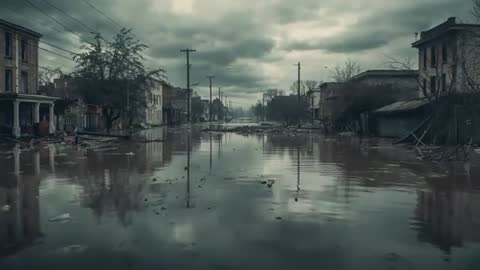 Overcast Skies Over Flooded Street Reflects Urban Devastation