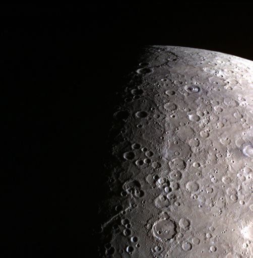 Color image captured by MESSENGER spacecraft highlights Mercury’s terminator and limb. Dark and light areas create striking separation signaling day and night division. Visible limb marks edge of sunlit part versus space. Useful for educational purposes, astronomy enthusiasts, and presentations about planetary science.