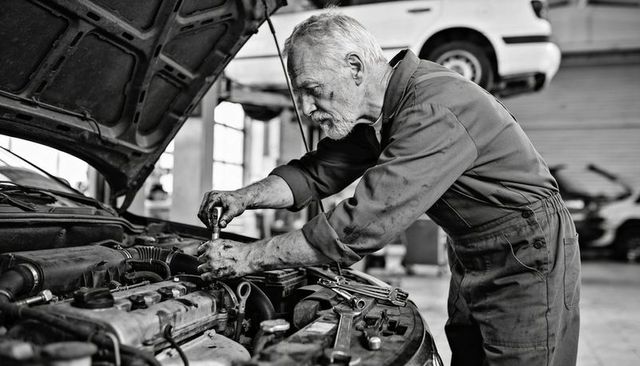 Older mechanic tightening engine components under open hood in garage workshop, monochrome
