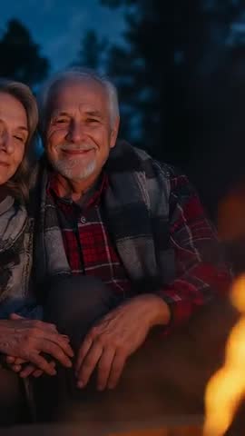 Smiling senior couple sharing blanket by campfire at dusk, cozy firelight vertical video